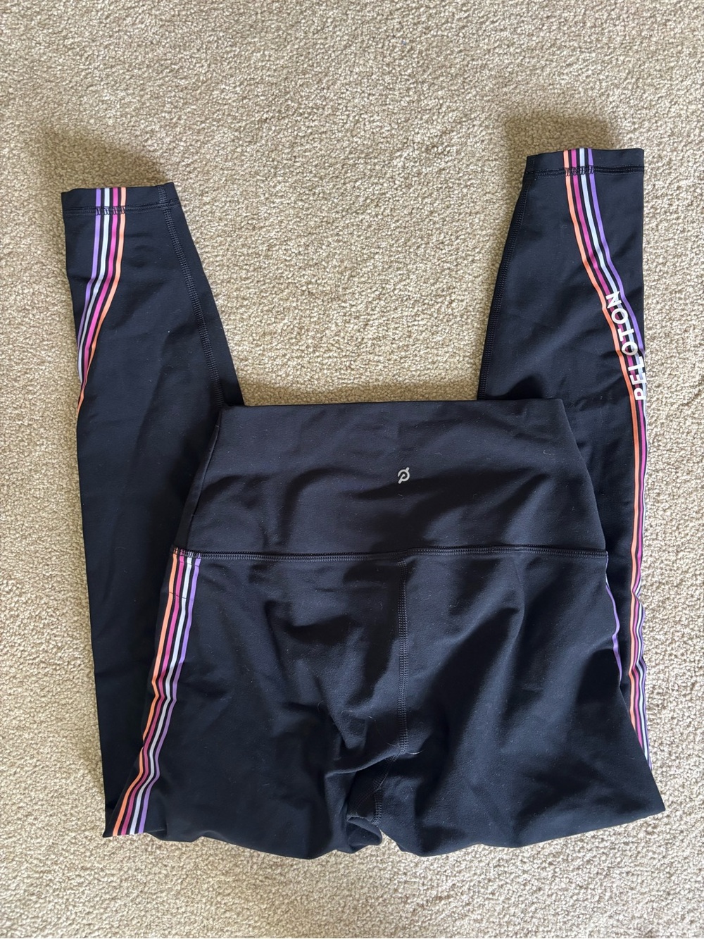 Peloton Black Leggings with Purple and Pink Side Stripes